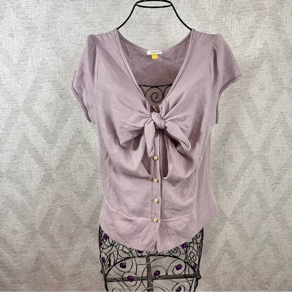 leifsdottir purple bow front cashmere & wool blend button up short sleeve size L
